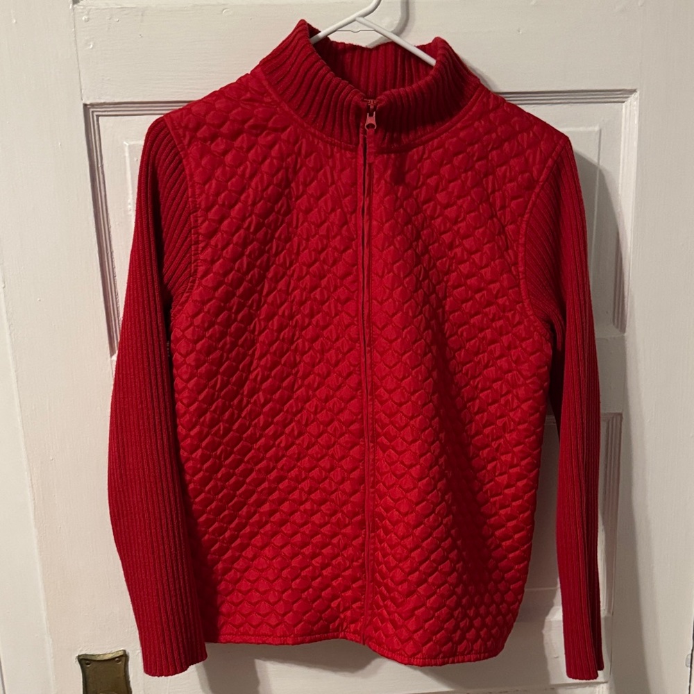 For Cynthia Bright Red Ribbed Knit Zip Sweater